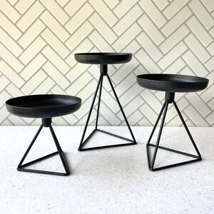 Set of 3 Black Metal Geometric Pillar Candle Holders Modern Minimalist Triangle